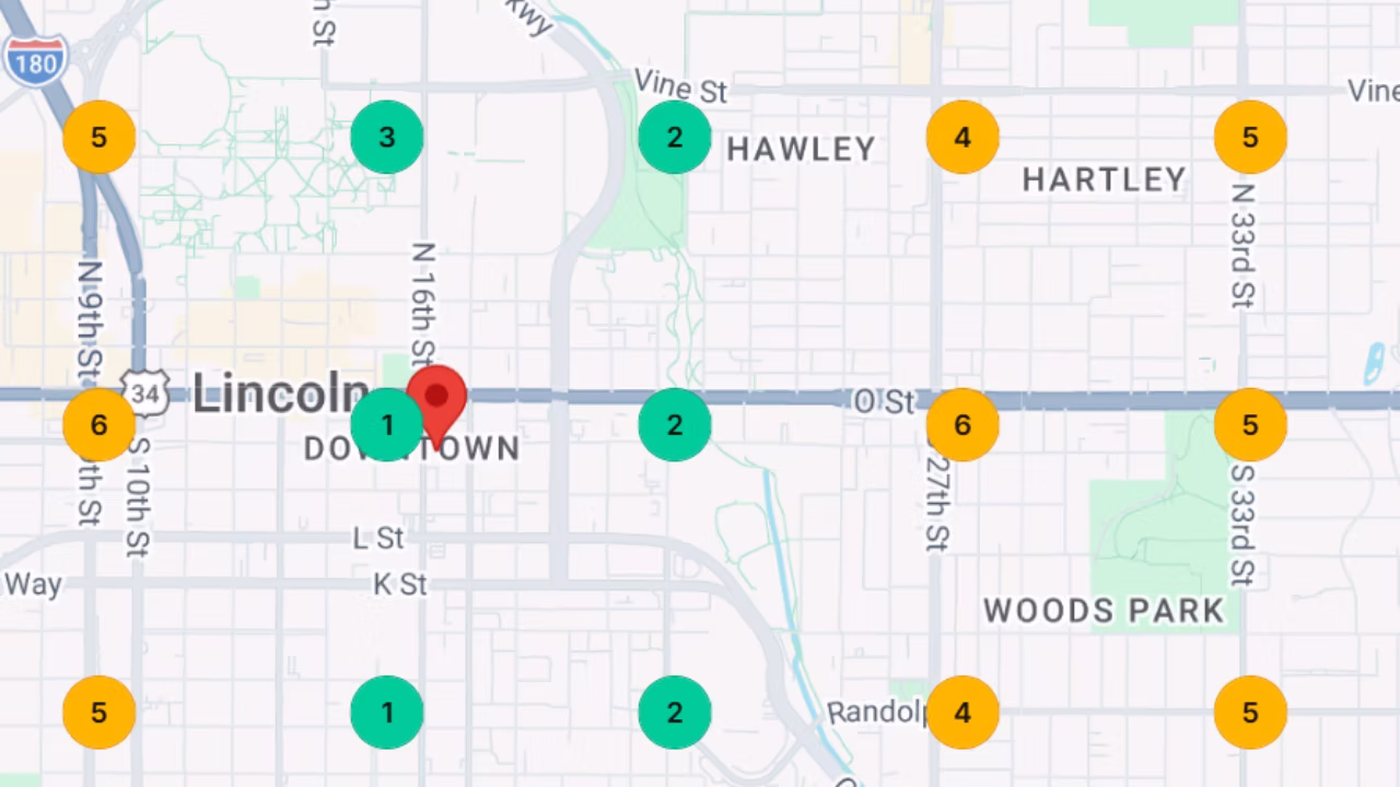 SMB Rank Map showing local business rankings across Lincoln neighborhoods